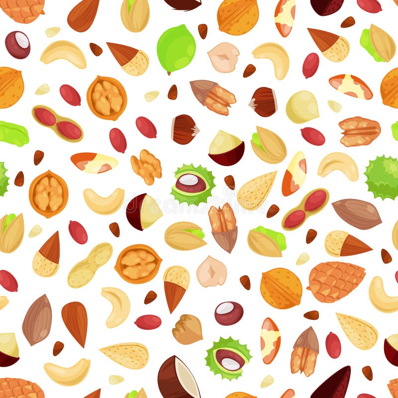 Mixed Nuts Vector Horizontal Seamless White Background. Cartoon Flat