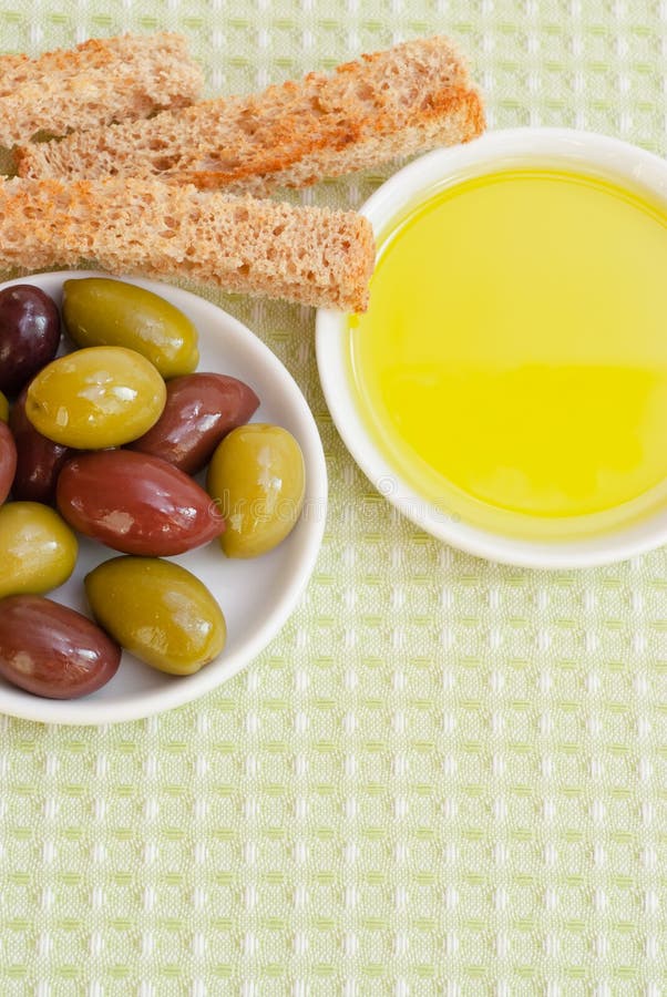 Mixed Olives, Olive Oil and Toasted Bread. Stock Image Image of