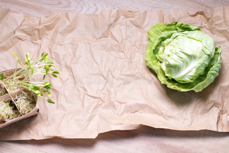 Mixed Organic Micro Greens And Cabbage On Craft Paper. Fresh Sunflower And Heap Of Alfalfa Micro Green Sprouts. Healthy