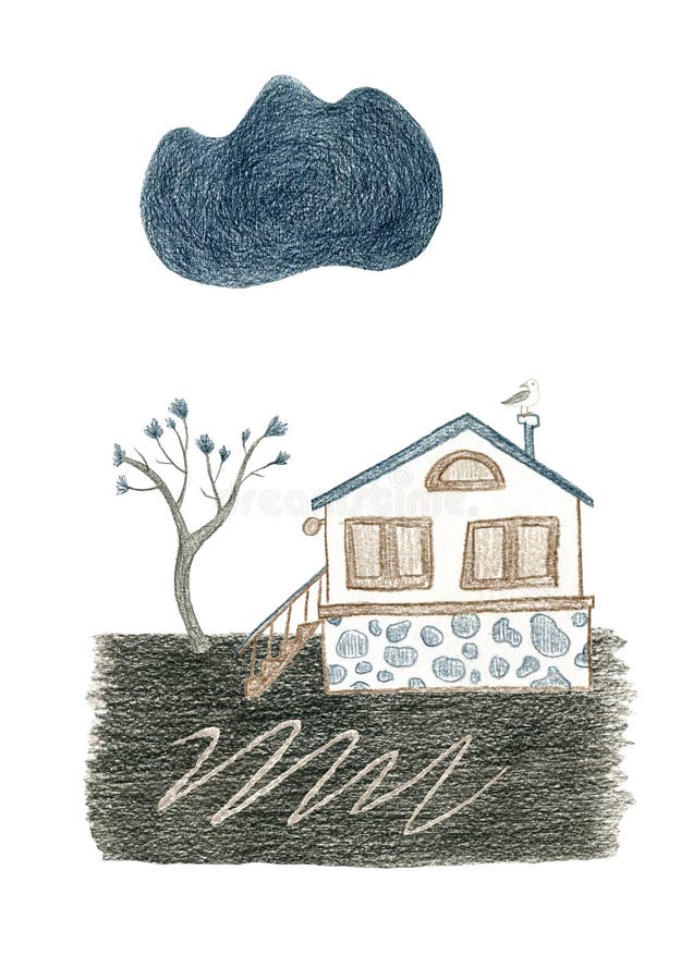 A mixed picture with a tiny cute house on a dark gray ground with an elegant tree nearby and cloudlet and a black-headed