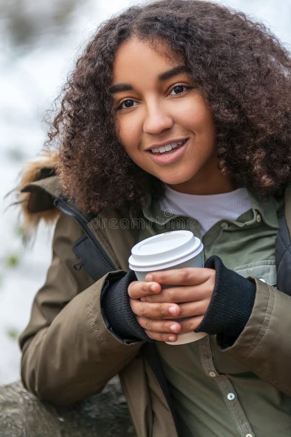 Mixed Race African American Teenager Woman Drinking Coffee