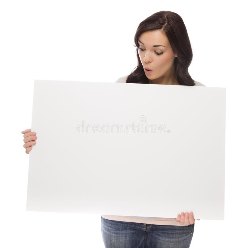 Mixed Race Female Holding Blank Sign on White