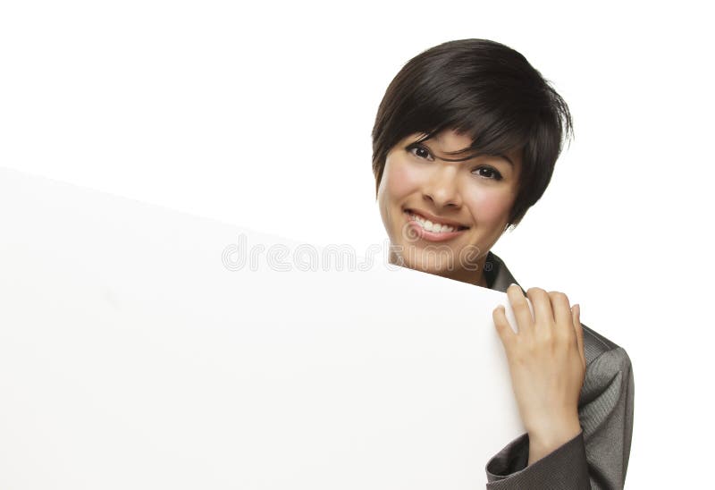 Mixed Race Young Female Holding Blank White Sign