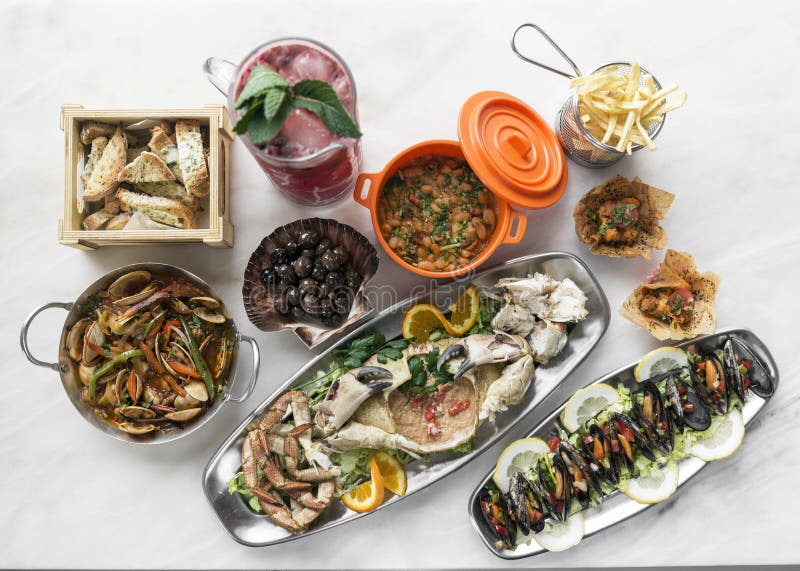 Mixed Spanish Gourmet Tapas Sharing Set Selection on Restaurant Table