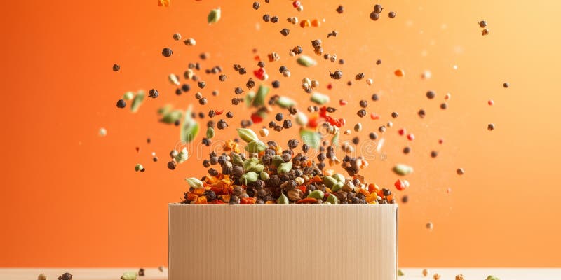Mixed spices and herbs exploding from box against vibrant orange background stock image