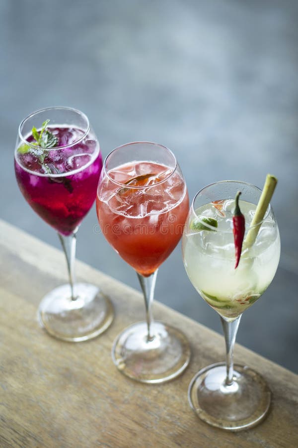 Mixed Spritzer Wine Cocktails Selection with Fruit in Outdoor Bar Stock