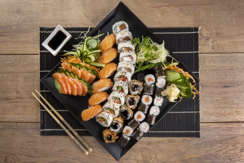 Mixed Sushi Roll and Salmon Sashimi Stock Photo Image of restaurant