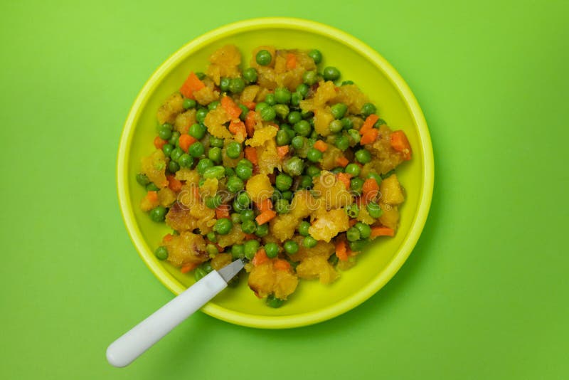 Mixed Vegetables Peas, Carrot, Potato Child Plate Stock Photo Image