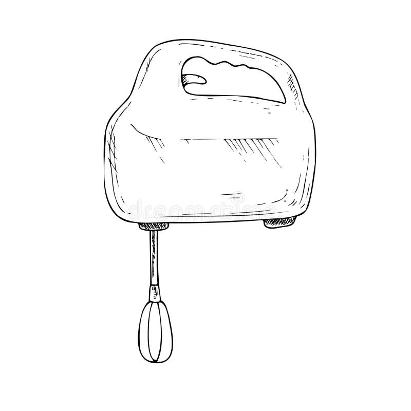Mixer de mâini vectoriale. Cerneală grafică Ilustrarea instrumentului bucătăriei din plastic izolată pe fond. Schiță linie trasă m royalty free illustration