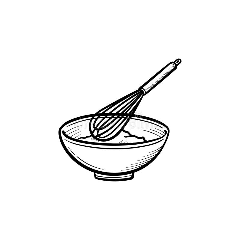 Mixing bowl with wire whisk hand drawn sketch icon