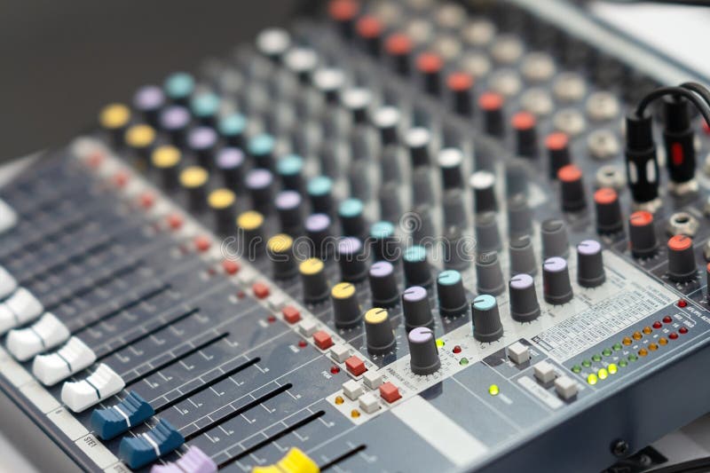 Mixing console, sound control console, audio mixer. mixing console for sound adjustment, audio mixer. Equipment for sound engineers. Recording studio. Music production.