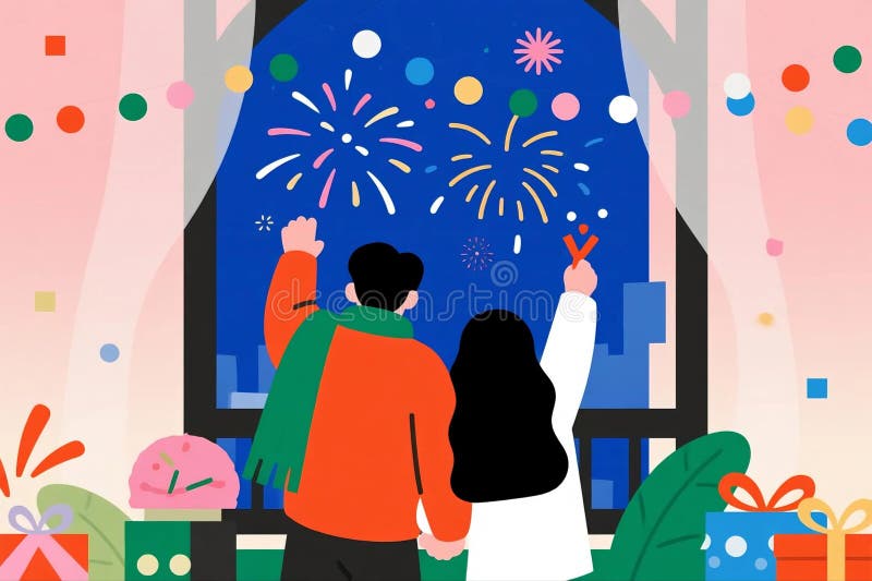 A colorful illustration of a couple watching a fireworks display through a window. royalty free illustration