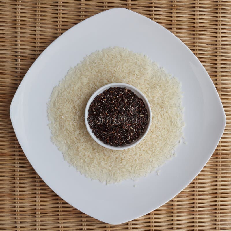 Mixture of Dark Brown and White Rice on Two White Plates Stock Photo