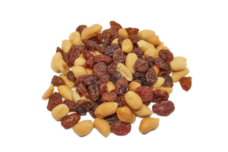 Mixture Of Peanuts And Raisins Isolated On White Background Stock Image