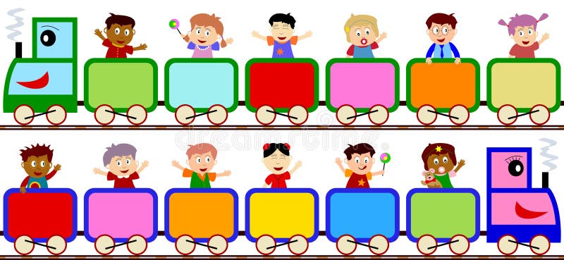Miúdos em bandeiras do trem