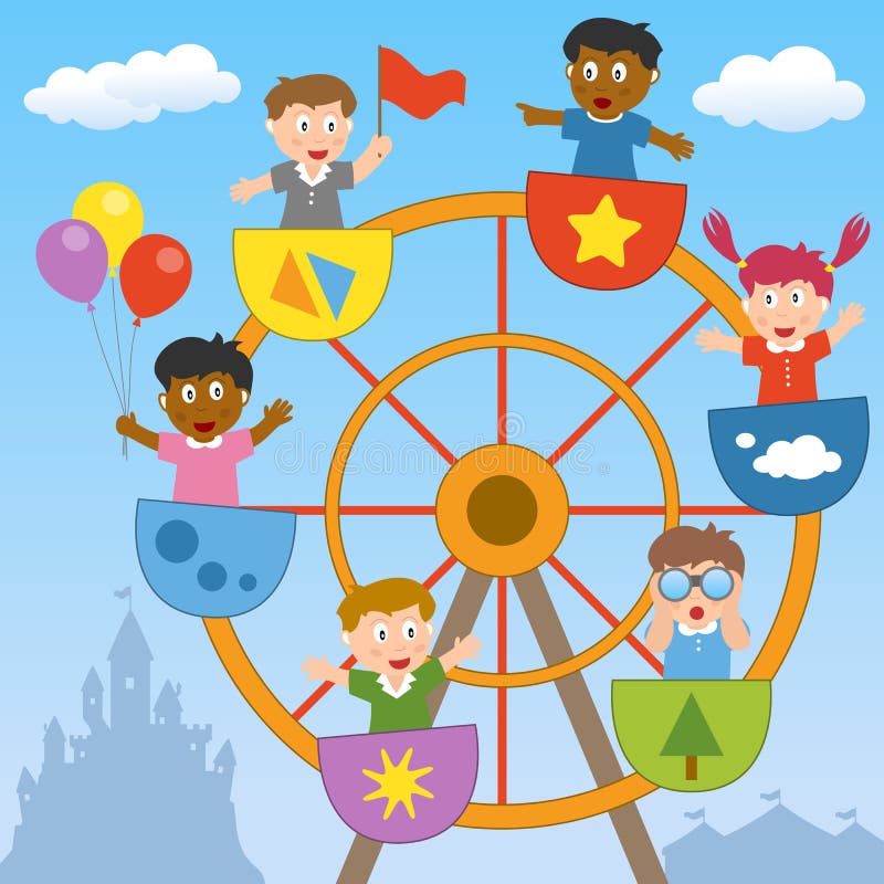 A group of multicultural kids having a ride on the Ferris wheel. Eps file available. A group of multicultural kids having a ride on the Ferris wheel. Eps file available.