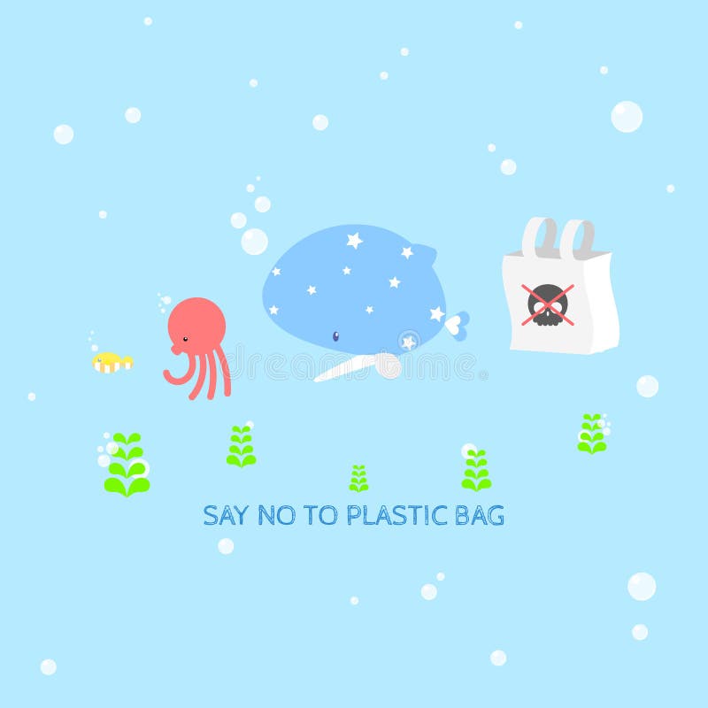 Międzynarodowego plastikowego worka bezpłatny dzień z ryba, wieloryb, ośmiornica w dennym oceanu save natury światu ziemi zaniecz royalty ilustracja Międzynarodowego plastikowego worka bezpłatny dzień z ryba, wieloryb, ośmiornica w dennym oceanu save natury światu ziemi zaniecz royalty ilustracja