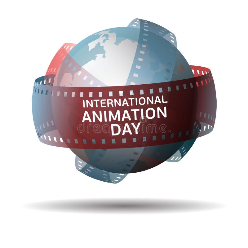 Międzynarodowy animacja dzień Kula ziemska z filmstrip odizolowywającym na białym tle royalty ilustracja Międzynarodowy animacja dzień Kula ziemska z filmstrip odizolowywającym na białym tle royalty ilustracja