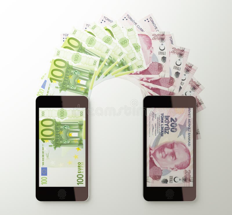 Międzynarodowy mobilny przelew pieniędzy, euro Turecki lir ilustracji Międzynarodowy mobilny przelew pieniędzy, euro Turecki lir ilustracji