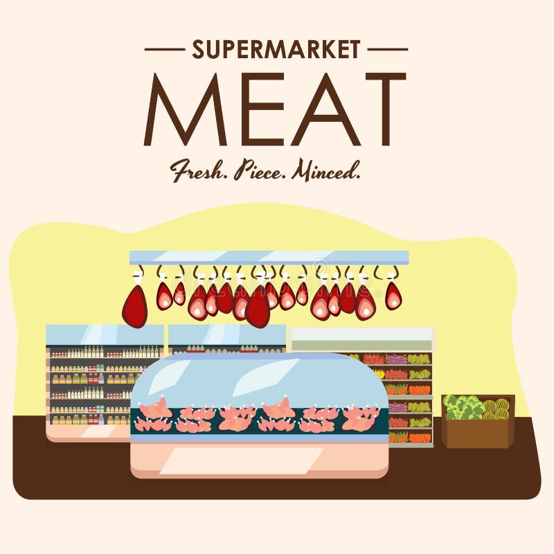 Mięsny dział, wieprzowiny półka z świeżą wołowiną i stku jedzenie w supermarketa fridge, duży wybór organicznie produkty rolniczy ilustracja wektor Mięsny dział, wieprzowiny półka z świeżą wołowiną i stku jedzenie w supermarketa fridge, duży wybór organicznie produkty rolniczy ilustracja wektor