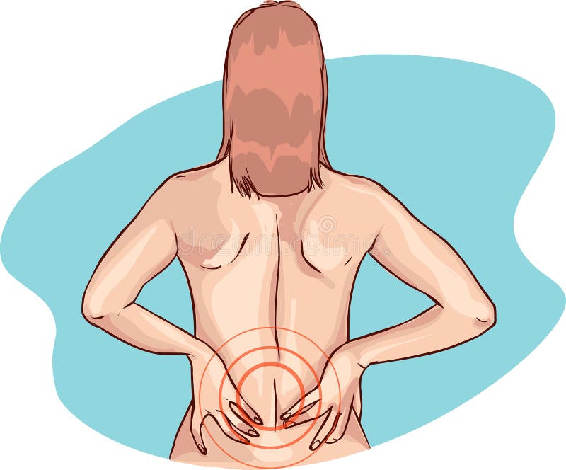 Mięśnia backache na nagim kobieta plecy i drętwienie Młody żeński macanie jej bolesny plecy ilustracji Mięśnia backache na nagim kobieta plecy i drętwienie Młody żeński macanie jej bolesny plecy ilustracji