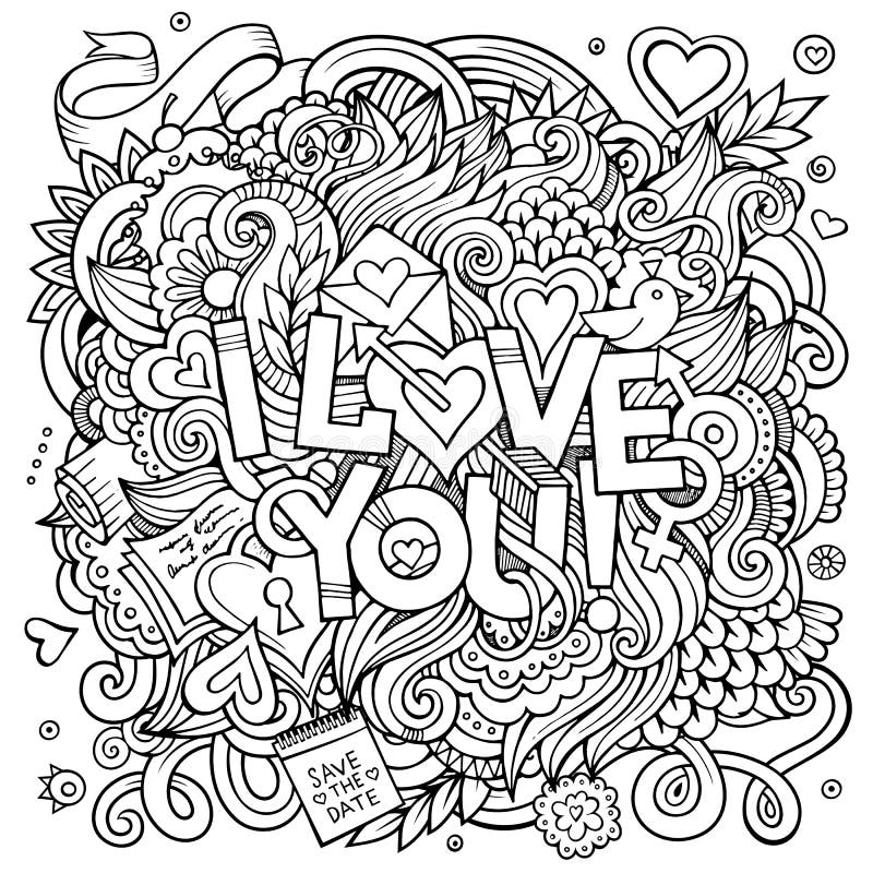 Miłości ręki literowanie i doodles elementów tło ilustracji Miłości ręki literowanie i doodles elementów tło ilustracji