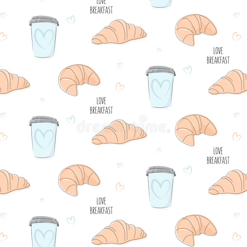 Miłości śniadania ilustracja Piekarni doodles Filiżanka z croissant i slogen wzorem Lato trójnika powierzchni tekstura ilustracja wektor Miłości śniadania ilustracja Piekarni doodles Filiżanka z croissant i slogen wzorem Lato trójnika powierzchni tekstura ilustracja wektor
