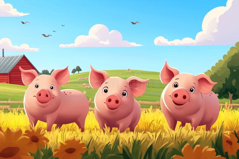 Three Adorable Pink Piglets Standing in a Sunny Meadow with Wildflowers, Barn, and Blue Sky, Evoking a Sense of Joyful Farm Life royalty free illustration
