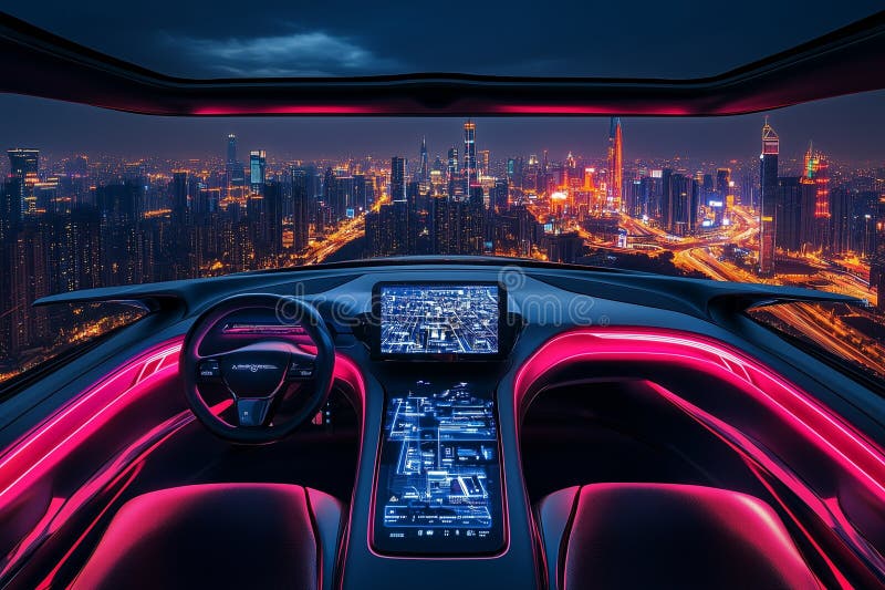 Futuristic Car Interior with Holographic Interface Displaying City ...