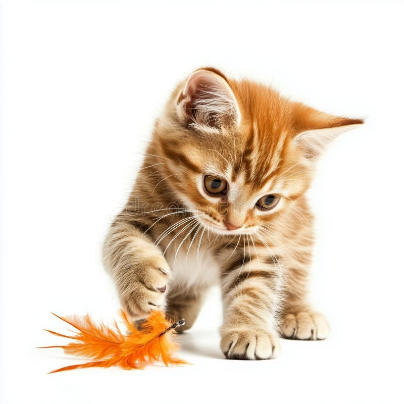 Adorable Ginger Tabby Kitten Playing with an Orange Feather stock illustration