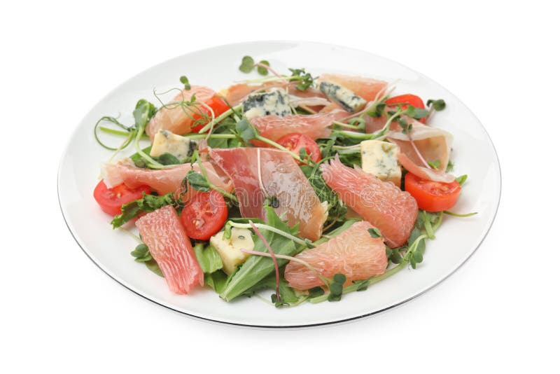 Mjuk pomelosallad med prosciutto och ost med vit bakgrund arkivfoto