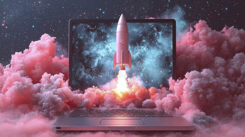 Mjuk rosa Rocket Ascending från bärbara datorer i den kosmetiska scenen stock illustrationer