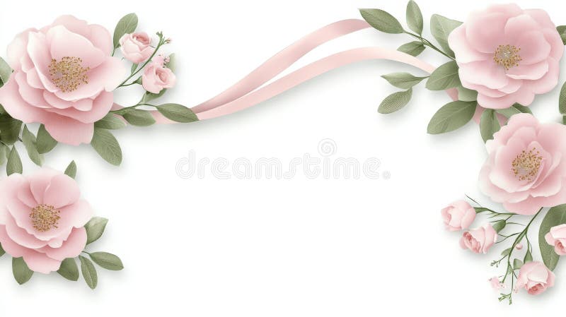 Mjuk rosa rosor som omger elegant band som bildar en fin ram mot ren vit bakgrund som präglas av stock illustrationer