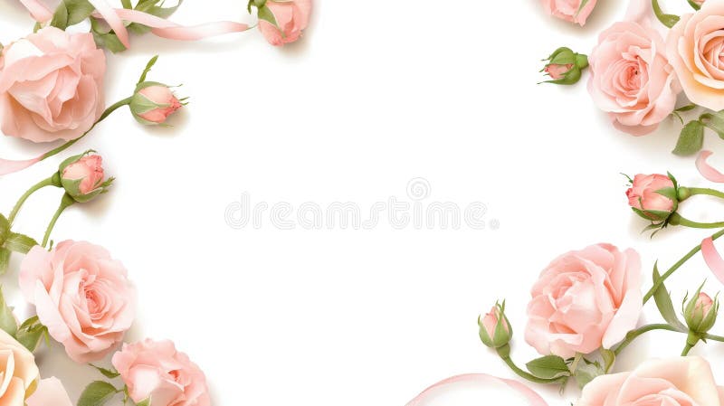 Mjuk rosa rosor som omger elegant band som bildar en fin ram mot ren vit bakgrund som präglas av royaltyfri illustrationer