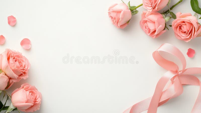 Mjuk rosa rosor som omger elegant band som bildar en fin ram mot ren vit bakgrund som präglas av vektor illustrationer