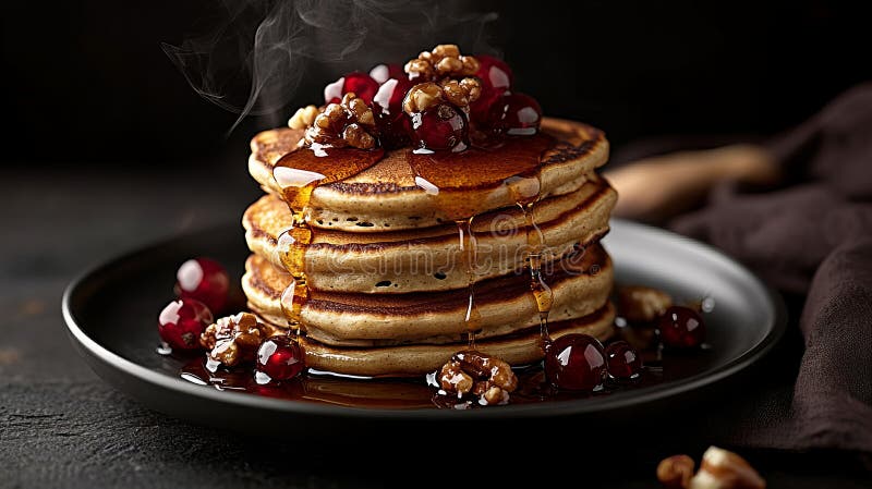 En läcker stapel pannkakor med bär, valnötter och sirap på en svart tallrik vektor illustrationer