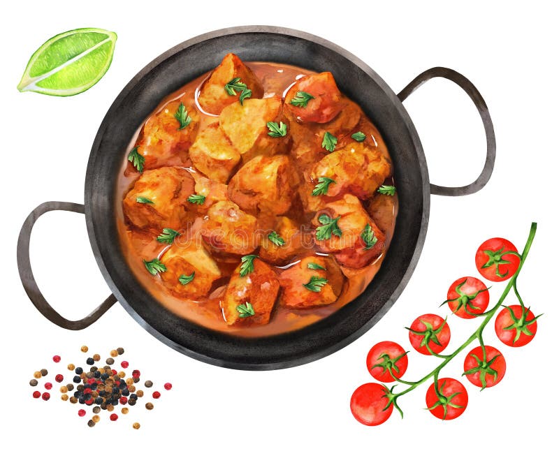 Mjuka höns tikka masala curry in iron pan. royaltyfri illustrationer