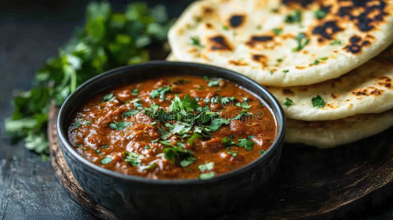 Mjuka kycklingar i masala med naan bröd och färska örter vektor illustrationer