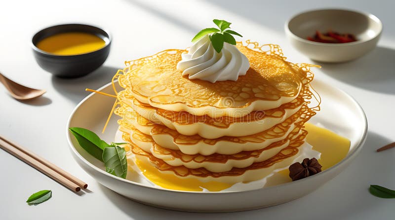 Mjuka pancakes med whipping Cream och Syrup vektor illustrationer