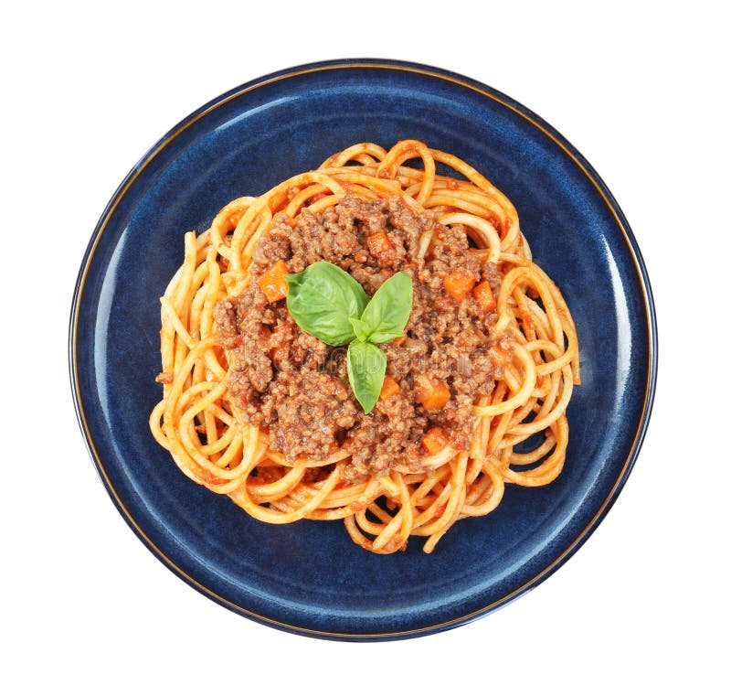 Utsökt pasta bolognese med basilika isolerad på vit bakgrund, ovanifrån royaltyfria bilder
