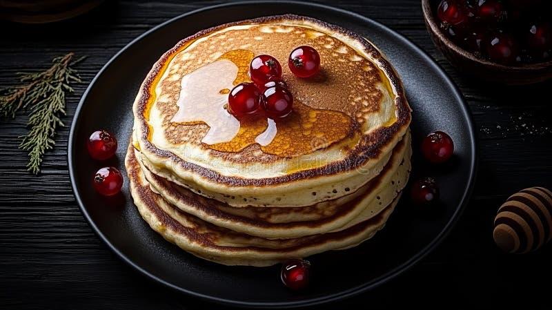 En läcker stapel pannkakor med bär och sirap på en svart tallrik vektor illustrationer
