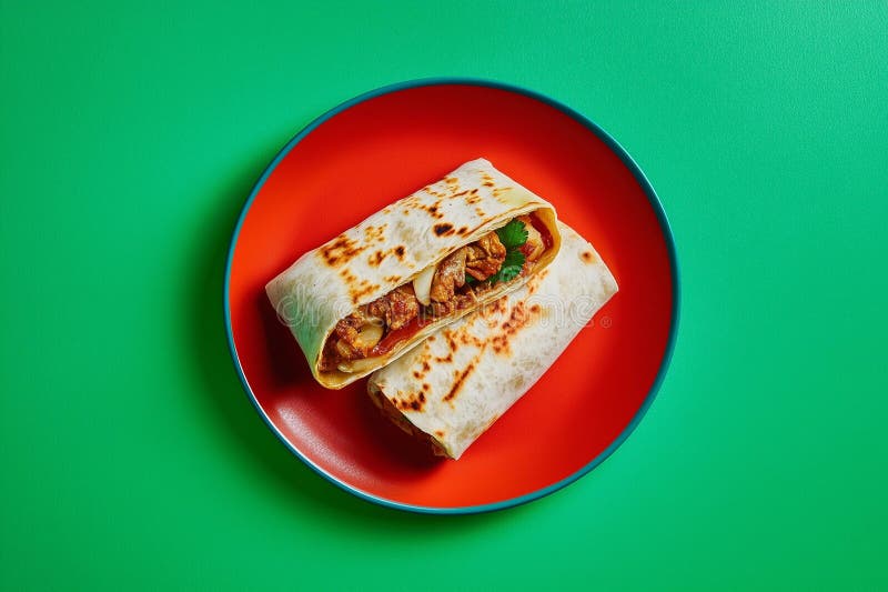 Mjukt inlindad burrito med snygga fyllningar på en ljusplatta mot en levande grön bakgrund Generative AI stock illustrationer
