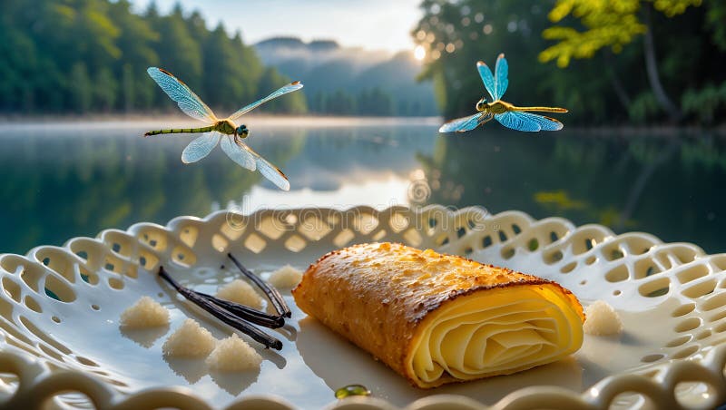 Mjukt Vanilla Cream Roll Pastry med Dragonflies på Sunrise vektor illustrationer