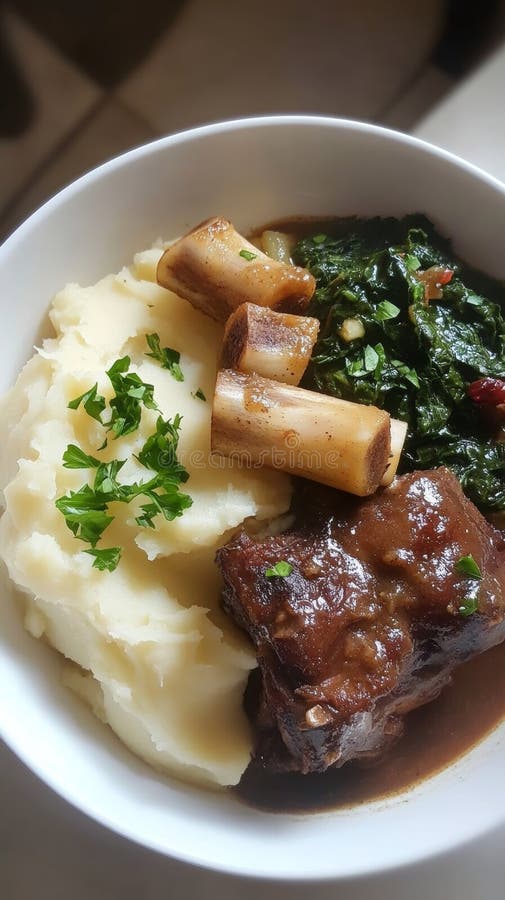 Mjöl av bekvämlighet för örat kött med skrumpad potatis och kramad spenat som garnerats med persilja för en arkivbild