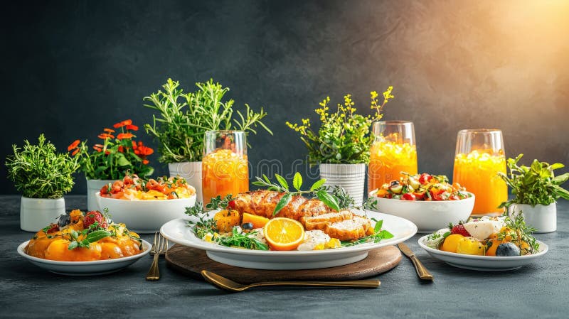 Mjöl på rustiska bordsbord omgivet av färska frukter och fräschande glasögon av apelsinjuice som krävt nötning royaltyfri illustrationer