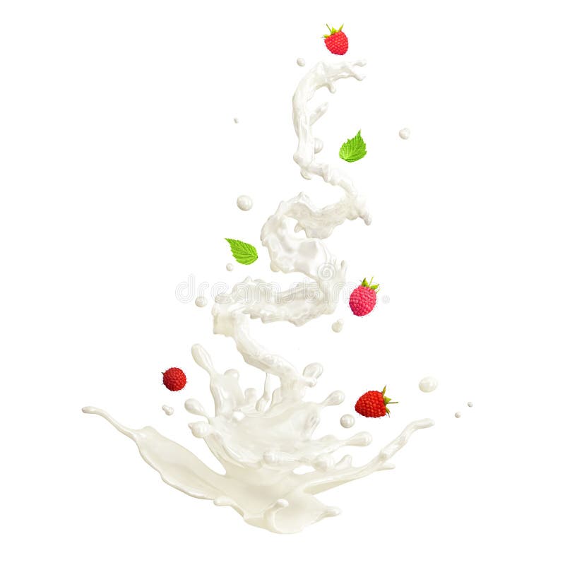 Mjölka eller yoghurtfärgstänk med isolerade hallon och små droppar illustration 3d stock illustrationer Mjölka eller yoghurtfärgstänk med isolerade hallon och små droppar illustration 3d stock illustrationer