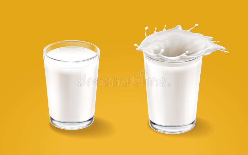 Mjölka och genomskinliga koppbeståndsdelar som isoleras på varm bakgrund Flytandefärgstänk i den glass koppen Mjölka häller ut Ve