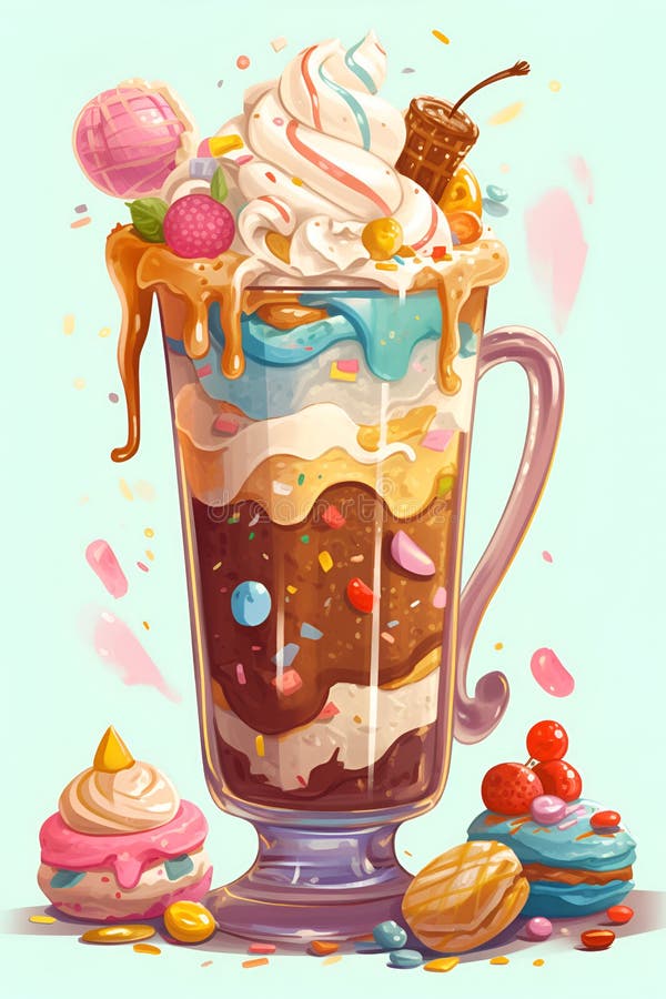 Mjölkskaka med is och candies i glasbägare, generativ illustration royaltyfri illustrationer
