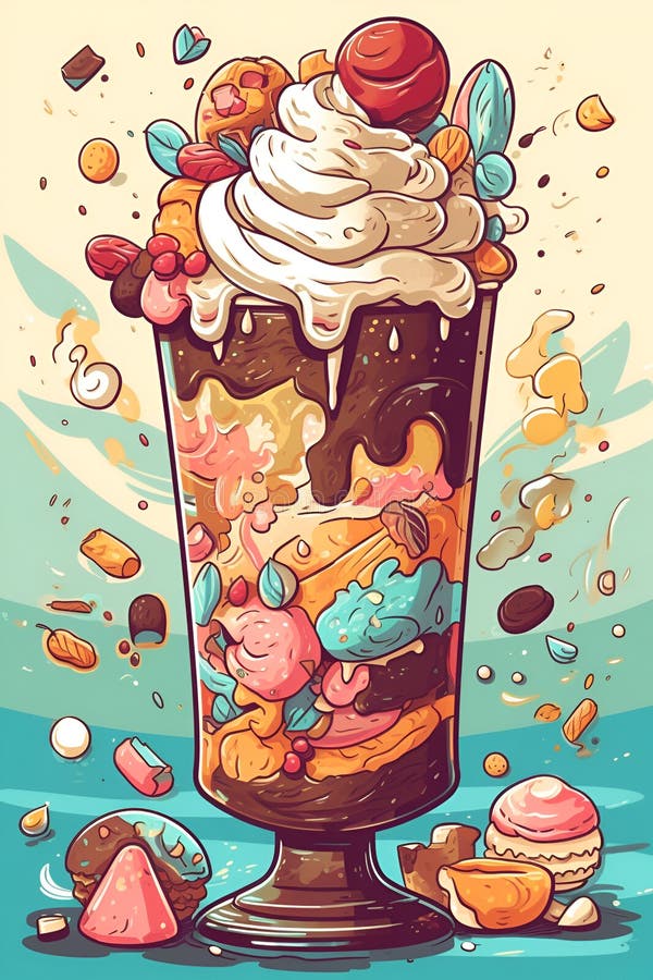 Mjölkskaka med is och candies i glasbägare, generativ illustration royaltyfri illustrationer