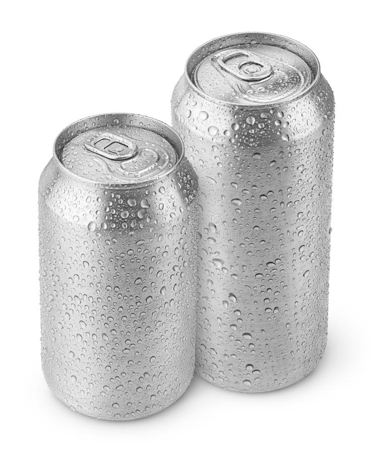500 Ml and 330 Ml Aluminum Beer Cans with Water Drops Stock Image